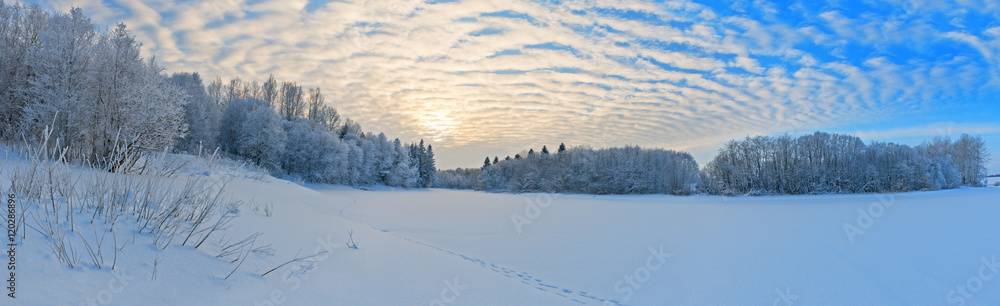 白雪皑皑的河流和霜冻中的森林上空乌云密布。