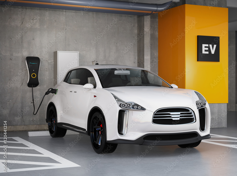 白色电动SUV在停车场充电。3D渲染图。原创设计。