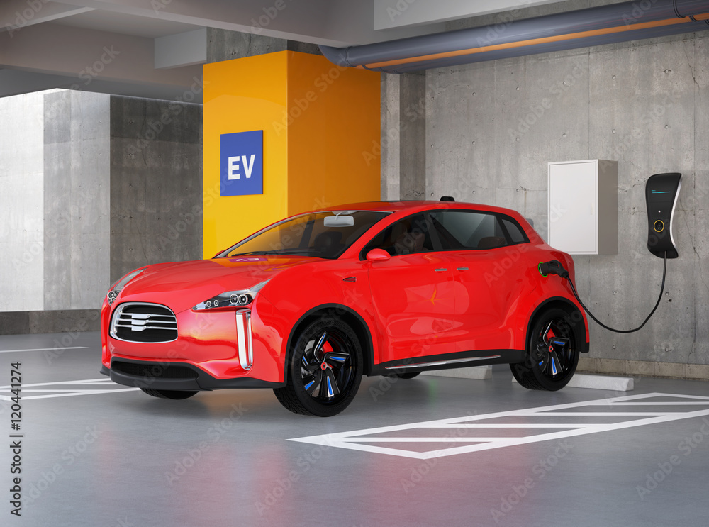 红色电动SUV在停车场充电。3D渲染图。原创设计。