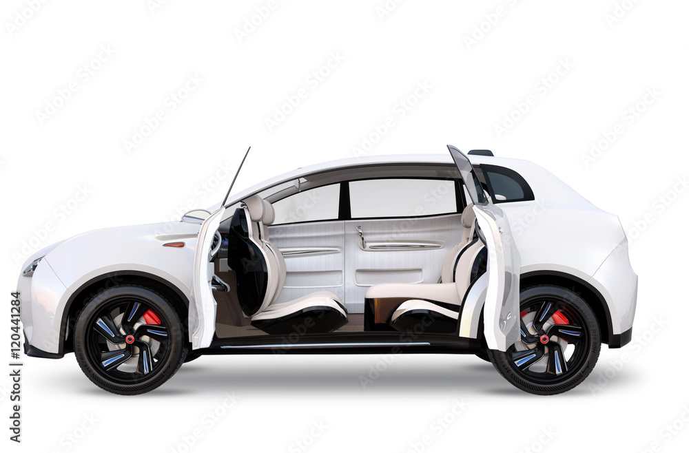 白色背景下隔离的电动SUV概念车侧视图。车门打开，前排座椅