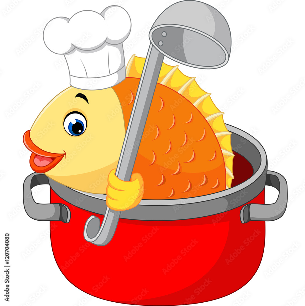 卡通搞笑鱼在锅里煮