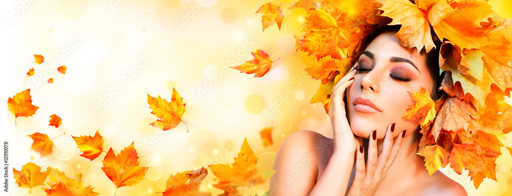 秋天的女孩-橙色秋叶发型的美女模特
