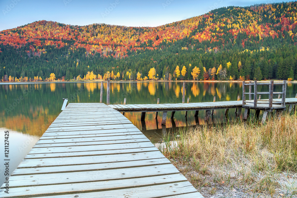 欧洲特兰西瓦尼亚圣安娜湖，色彩鲜艳的森林秋季景观