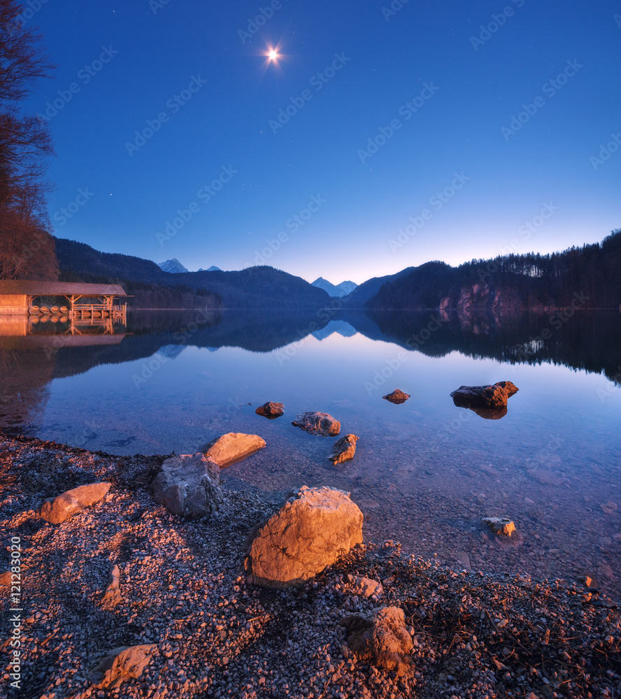 德国春天夜晚的阿尔卑斯湖。湖泊、山脉、森林等美丽的夜景。