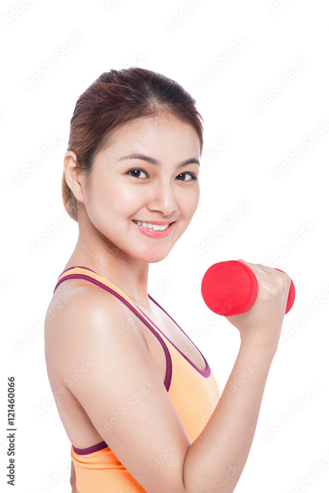 亚洲女性用哑铃锻炼幸福健康的生活