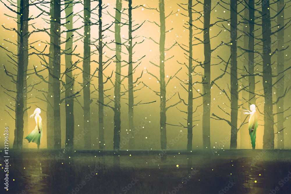 一男一女相对站在夜森林，插图画