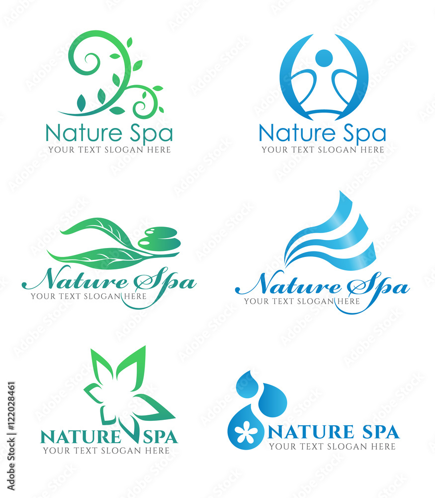 美容天然水疗沙龙业务的花叶标志和水波标志矢量集设计