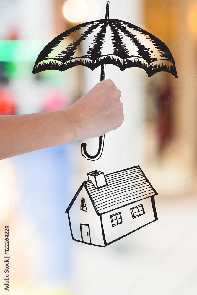 hand holding umbrella graphic above house graphic