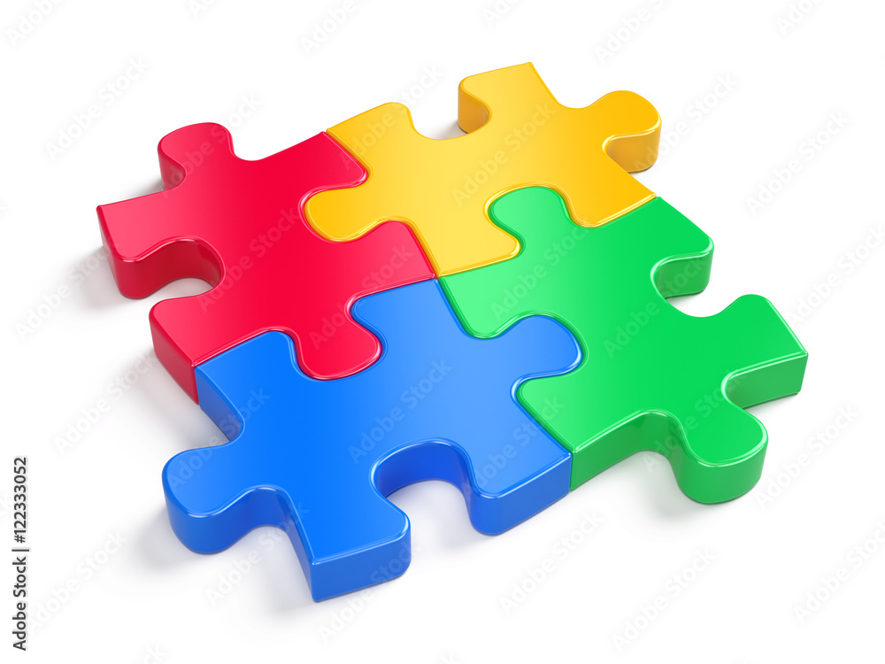 白色隔离的四个彩色谜题——伙伴关系和伙伴关系概念