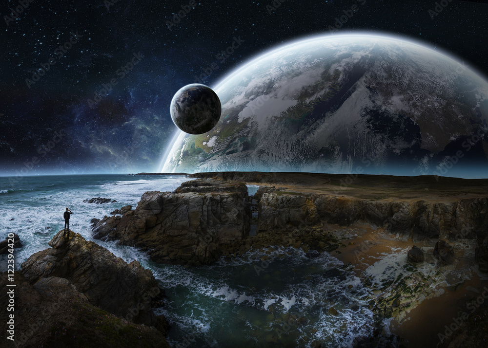 从悬崖上看到遥远的行星系统的3D渲染元素
