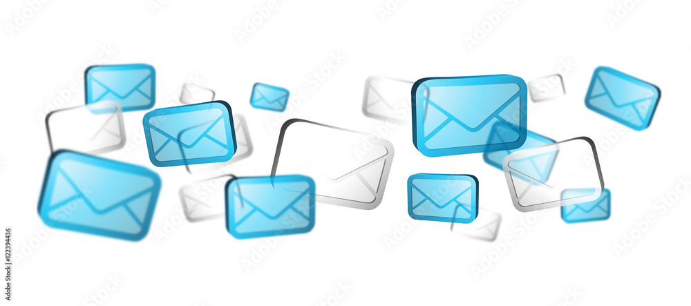 Numerous white and blue email icons flying 3D rendering’
