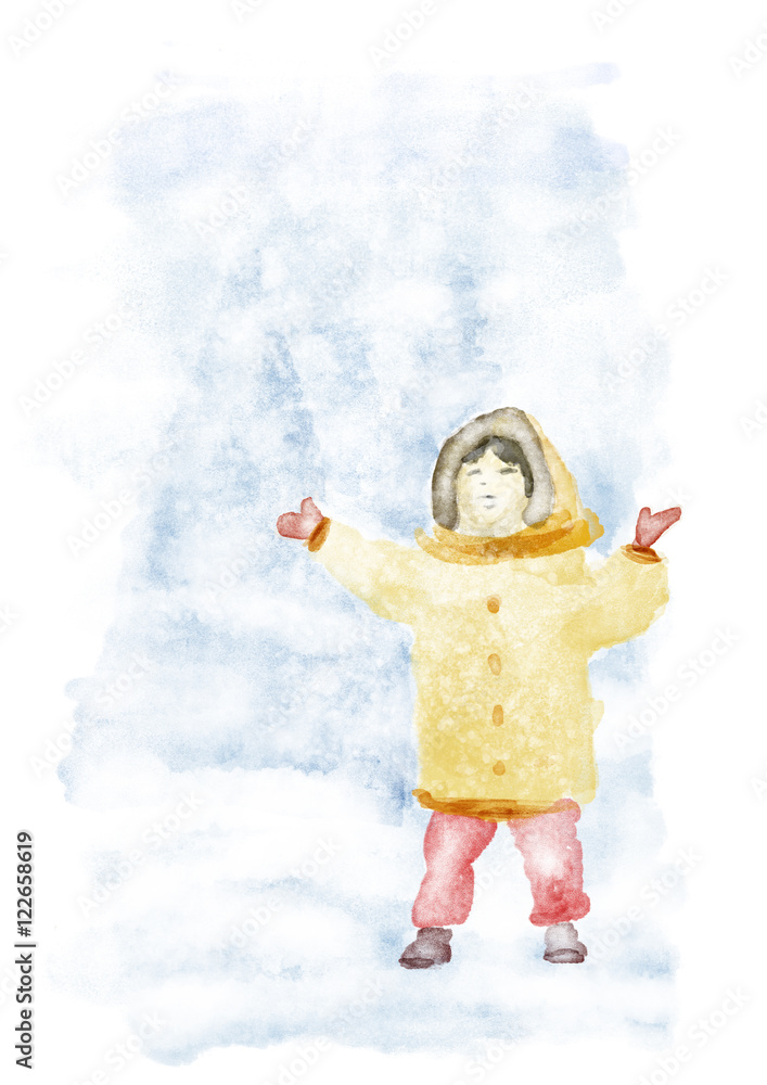 小女孩玩雪水彩冬季插画