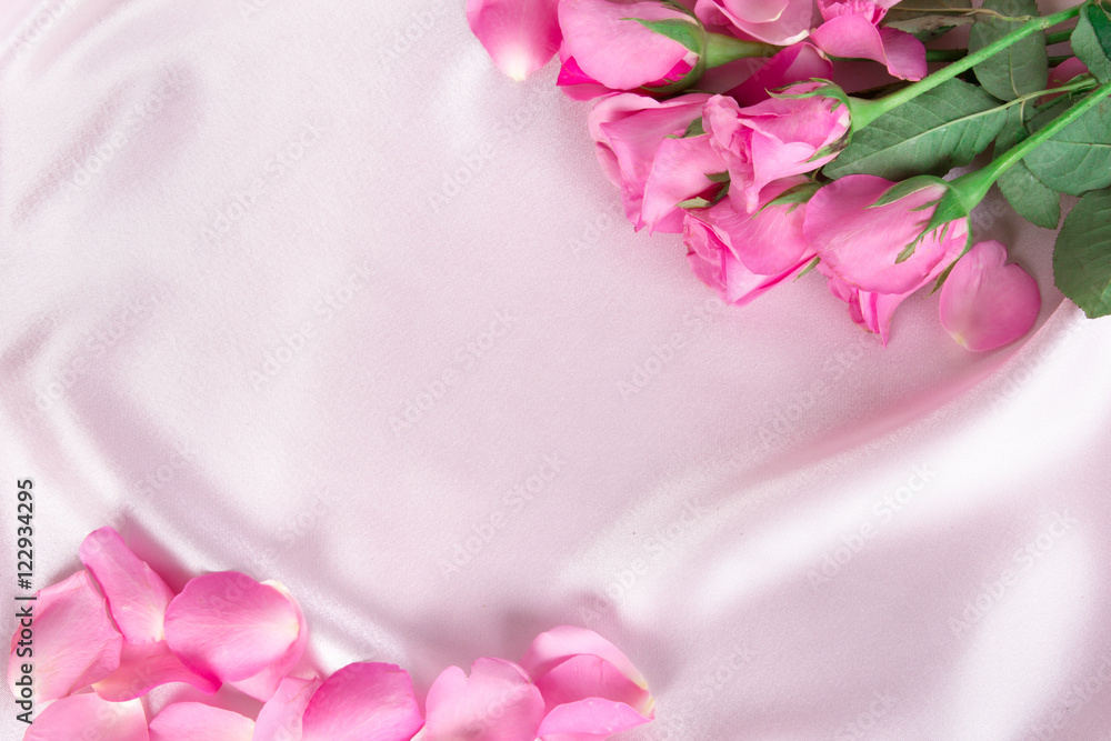 一束甜美的粉色玫瑰花瓣，柔软的粉色丝绸面料，浪漫和爱情卡片的概念