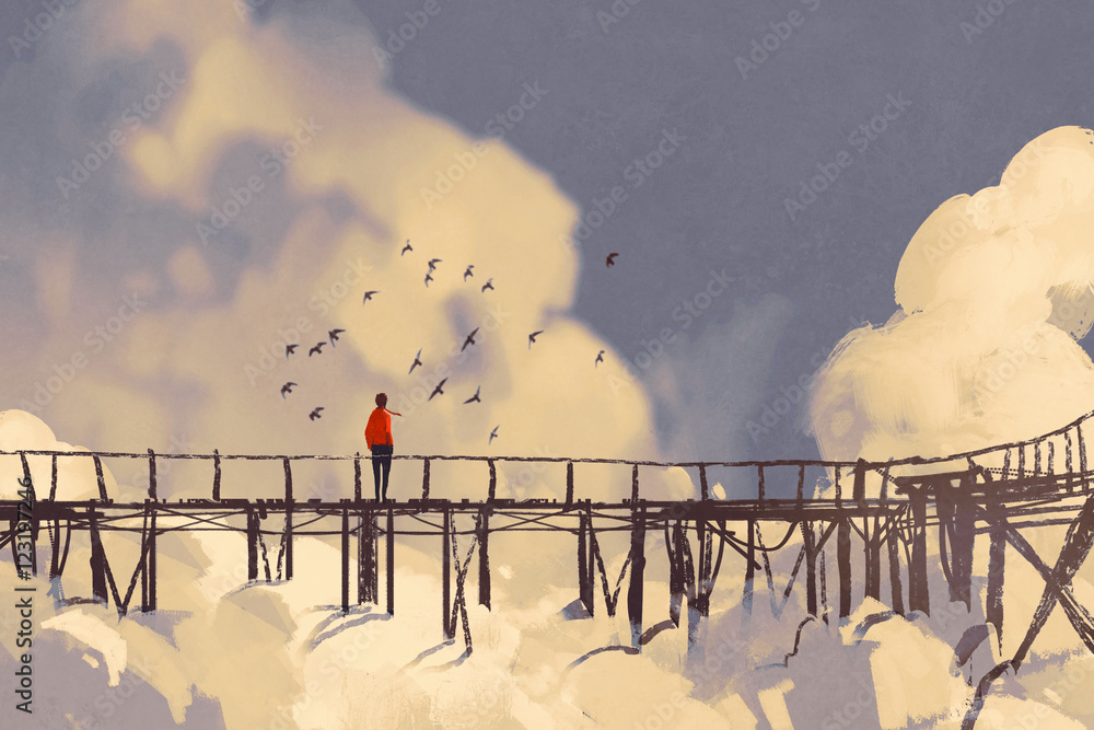 一个人站在云端的老桥上，插图画