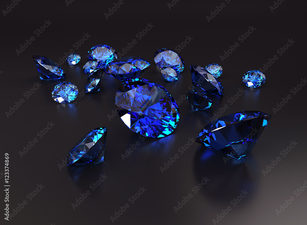 蓝色钻石放置在深色背景上进行三维渲染