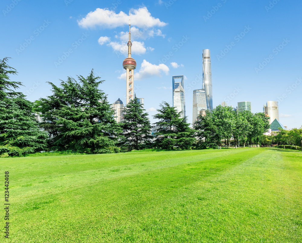 中国上海摩天大楼和绿色城市公园