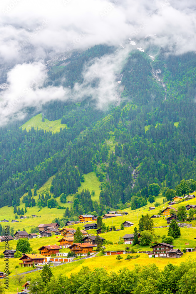 瑞士因特拉肯市附近青山和村庄的美丽乡村景观
