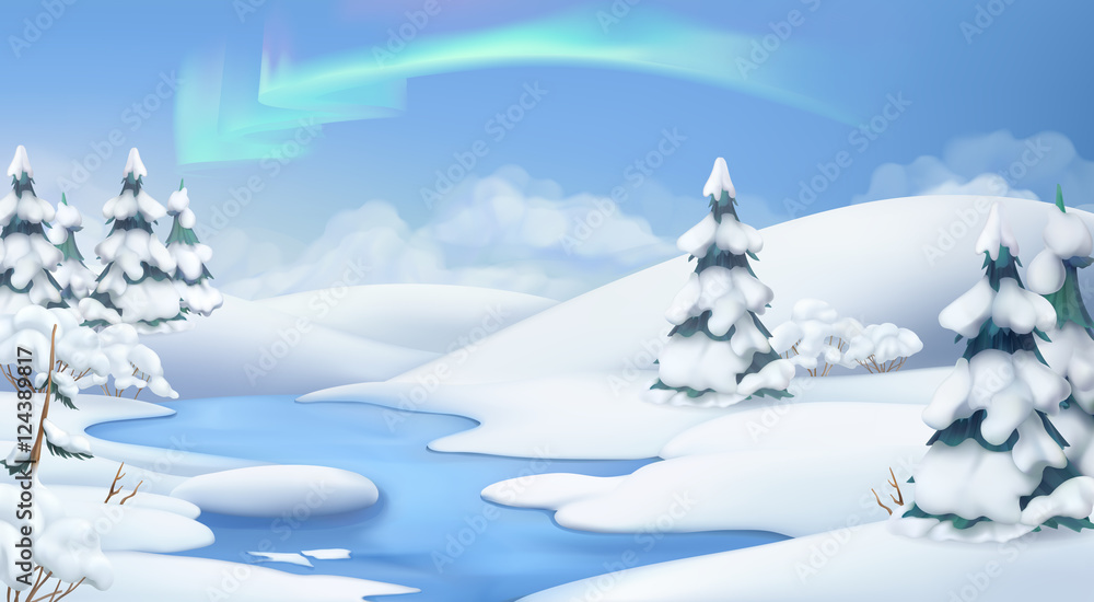 冬季风景。圣诞背景。三维矢量插图