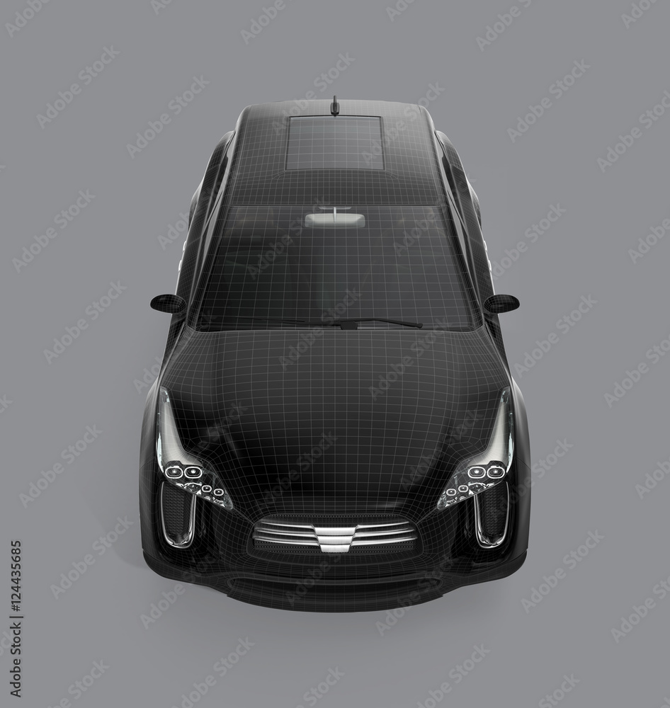 黑色SUV的前视图，灰色背景上隔离了线框。带剪辑的3D渲染图像