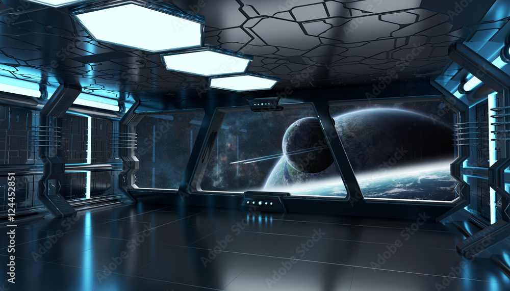 太空船内部，可看到遥远行星系统的3D渲染图