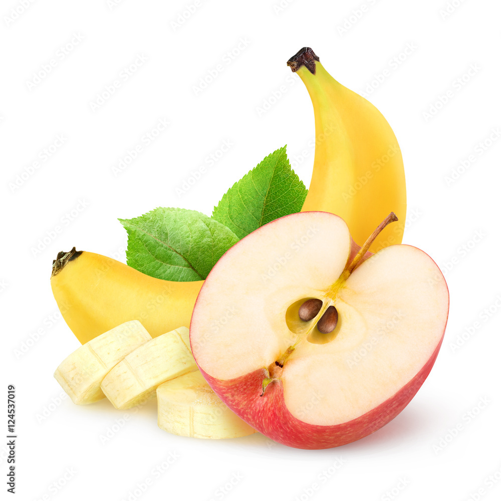Isolated apple and banana on white background with clipping path