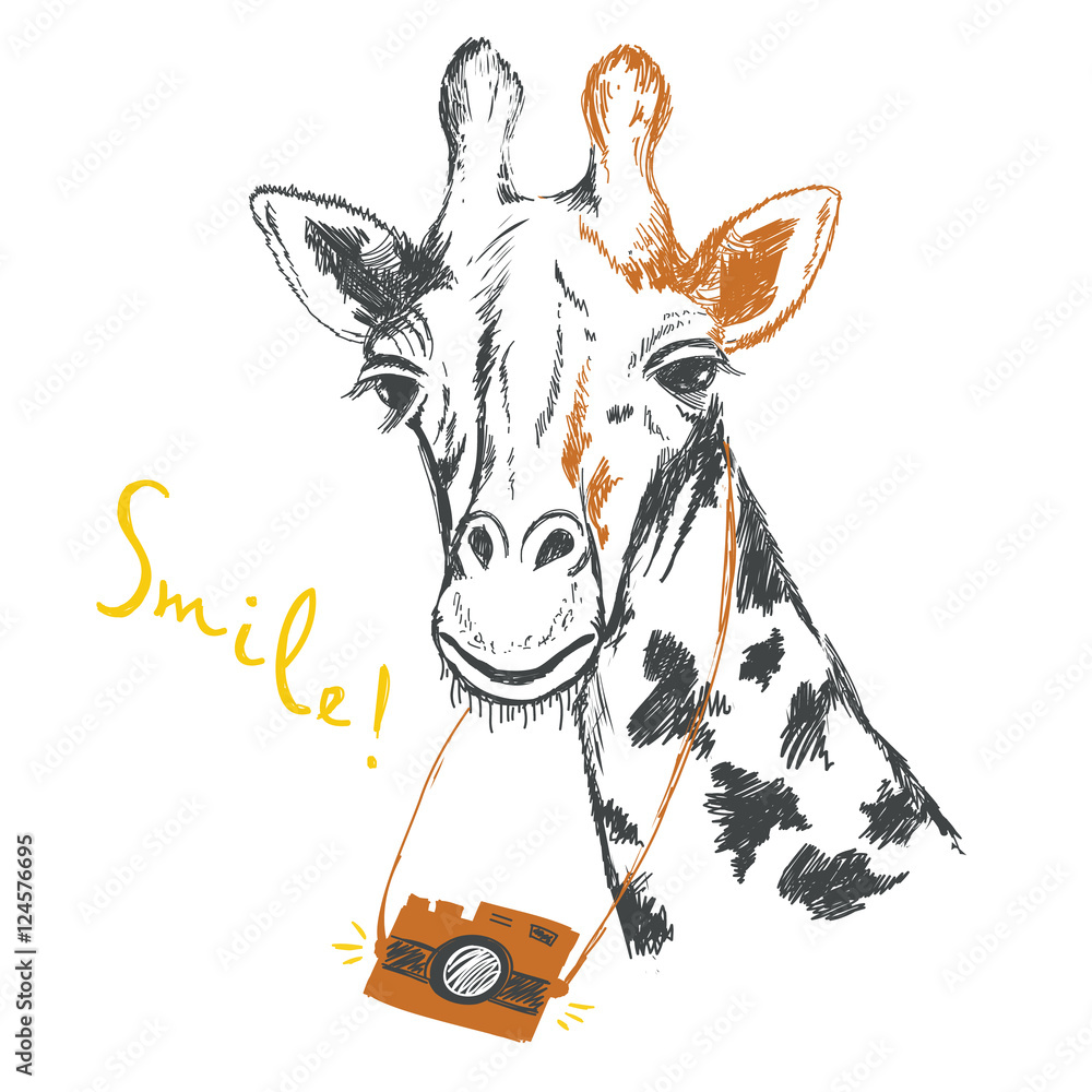 长颈鹿摄影师的有趣素描插图。