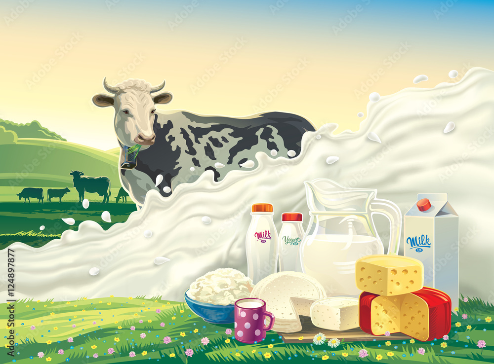 奶牛、飞溅的牛奶和一套乳制品：奶酪、牛奶、酸奶，背景是