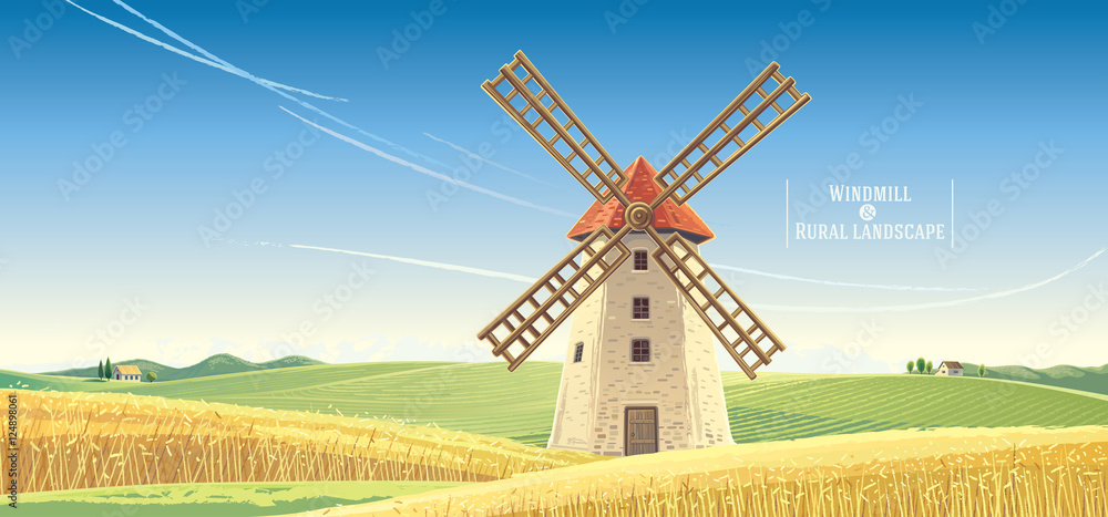 带风车的乡村景观，矢量插图。