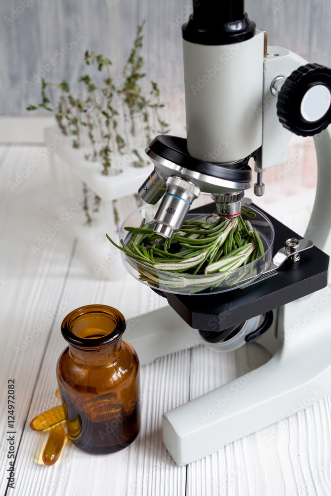 test herbs samples on microscope in laboratory