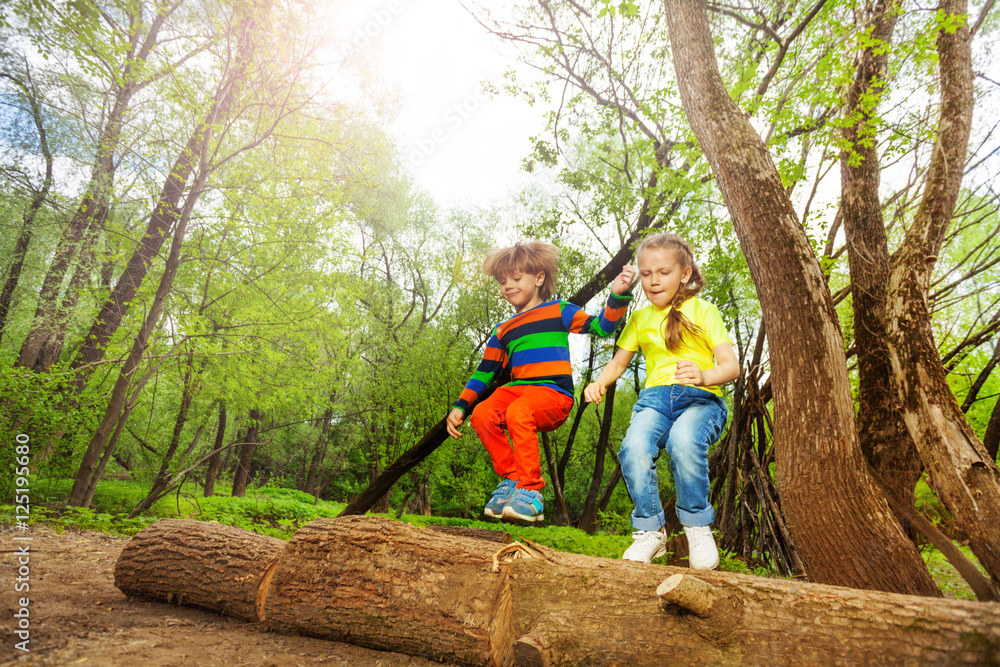 快乐的孩子们在夏天的森林里跳过一根木头