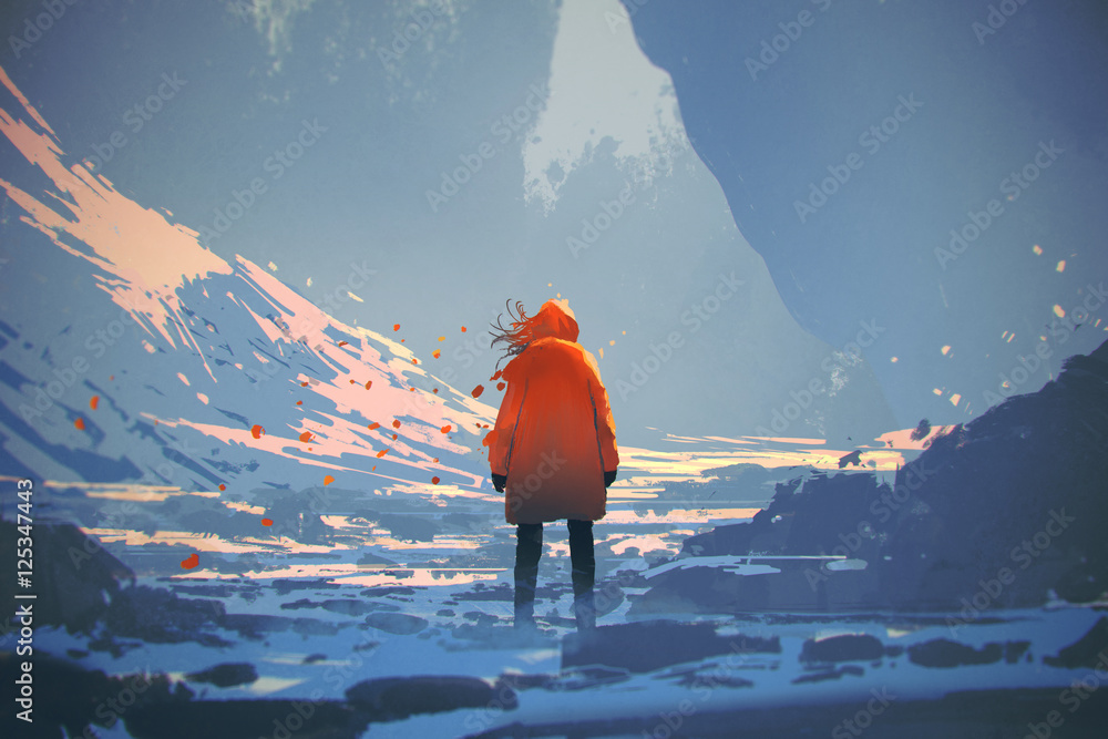 身穿橙色保暖夹克的女性站在冬季景观中的后视图，插图绘制