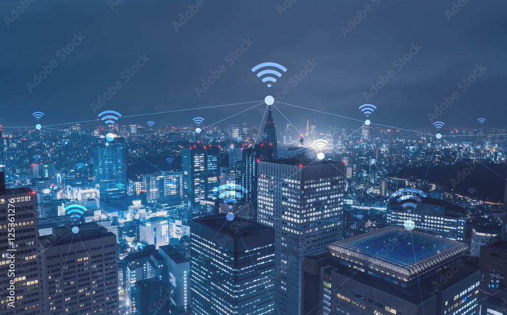带wi-fi连接的城市景观概念，信息交流