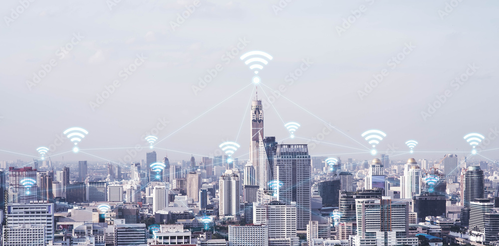 城市景观连接线的蓝色高科技色调，技术浓缩