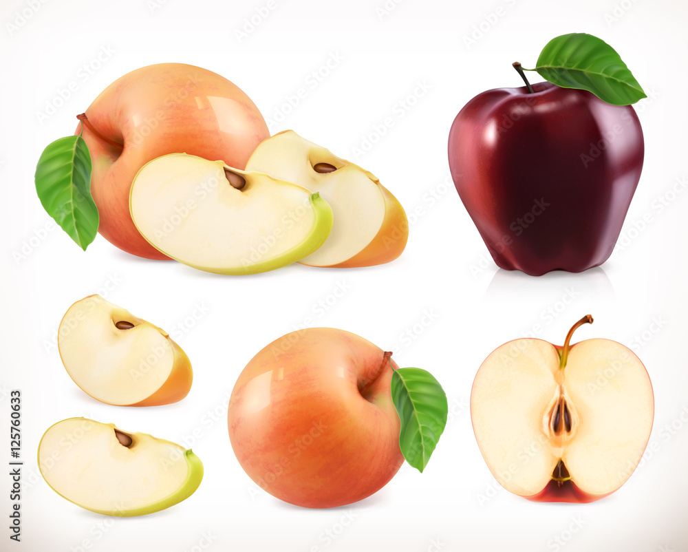 苹果。整片。甜水果。三维矢量图标集。逼真的插图