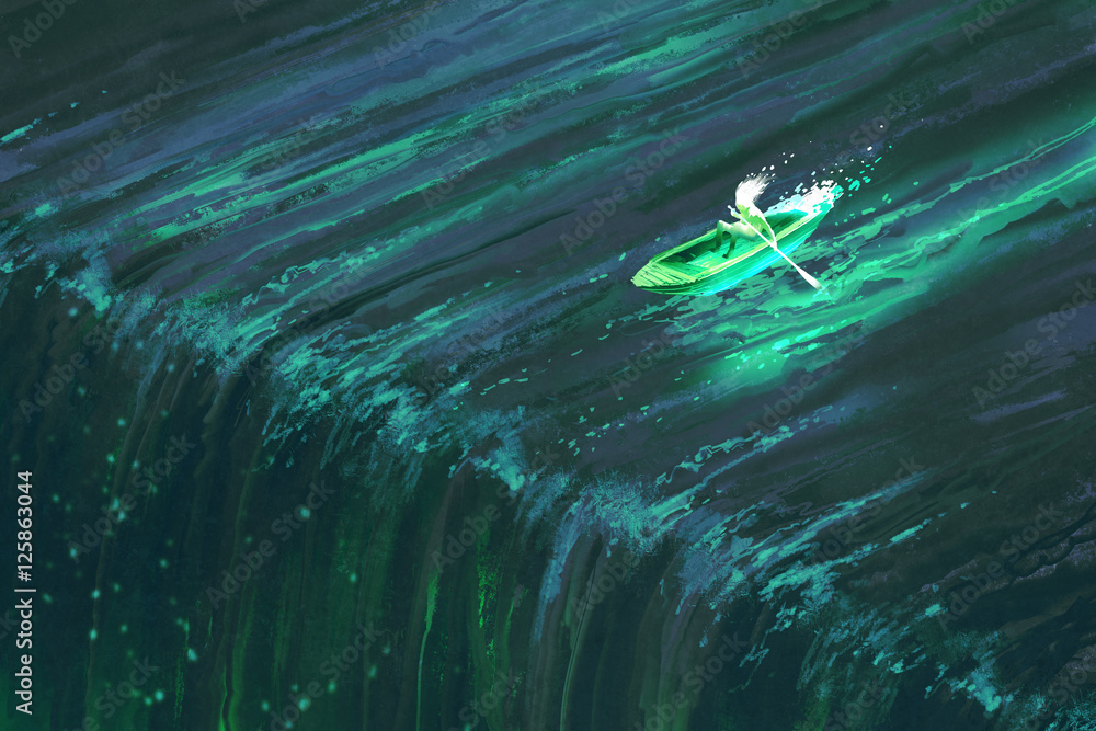 man rowing in glowing green boat near edge of waterfall,illustration painting