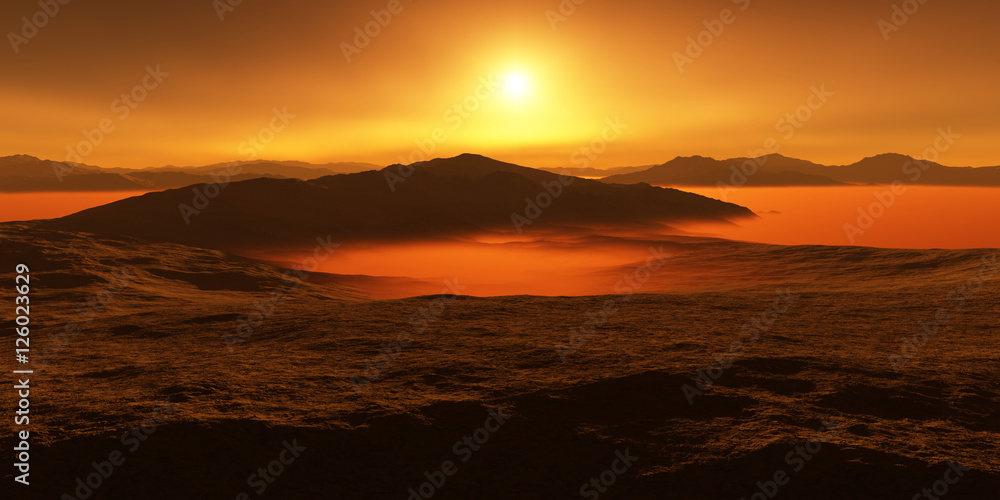 泰坦，土星最大的有大气层的卫星。泰坦的表面景观。蒸发碳氢化合物