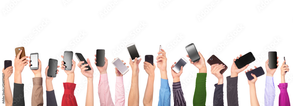 许多手拿着手机，被隔离在白底上