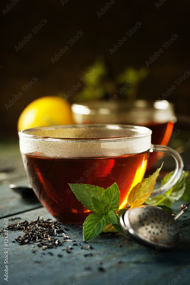 Hot tea cup with mint and sugar