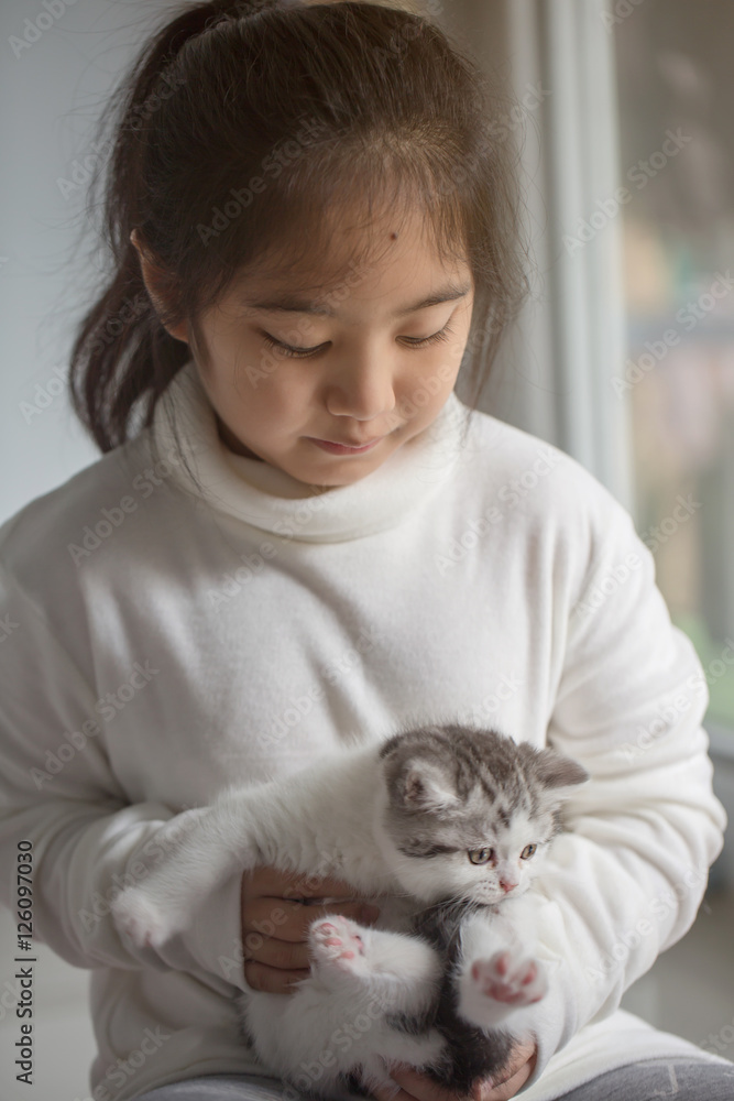 Happy little Asian girl hugging lovely scottish fold kitten