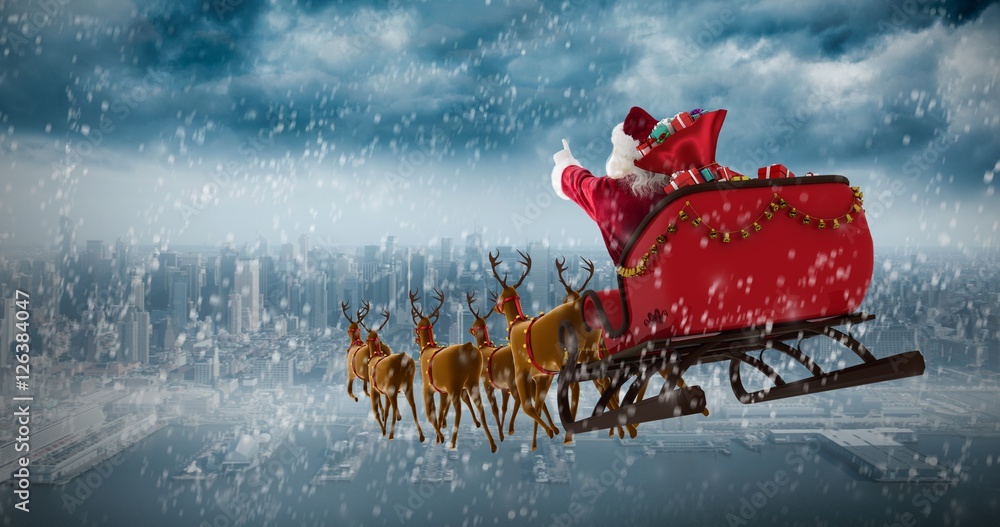 圣诞老人带着礼盒坐在雪橇上的合成图像