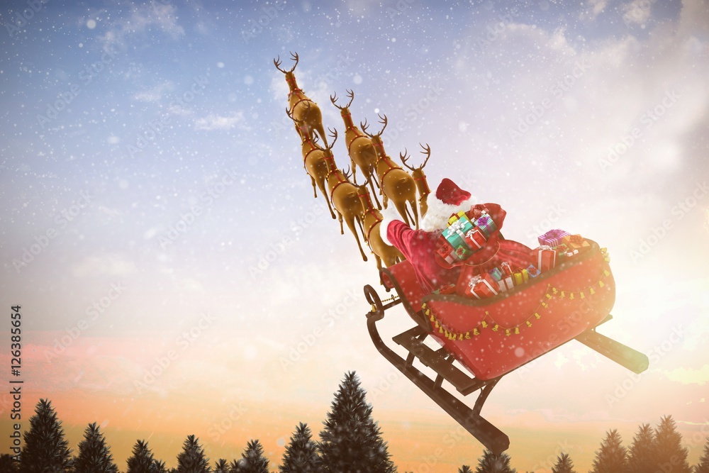 圣诞老人坐在雪橇上的高角度视角合成图像