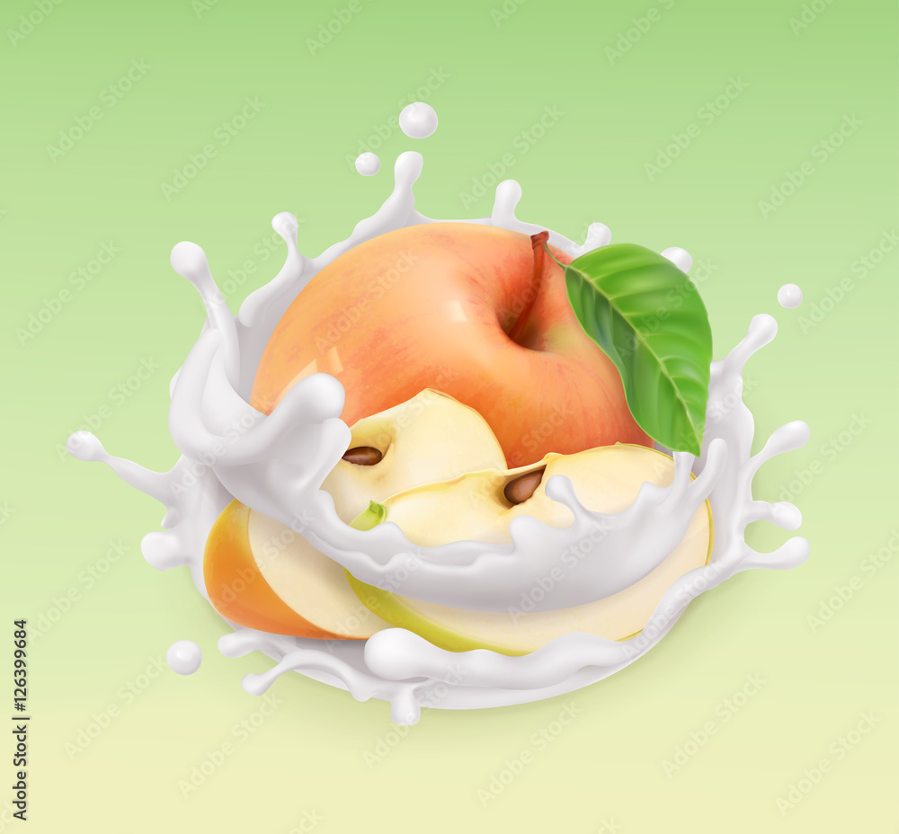 苹果和牛奶飞溅。水果和酸奶。三维矢量图标。逼真的插图