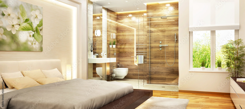 美丽的卧室和现代化的浴室
