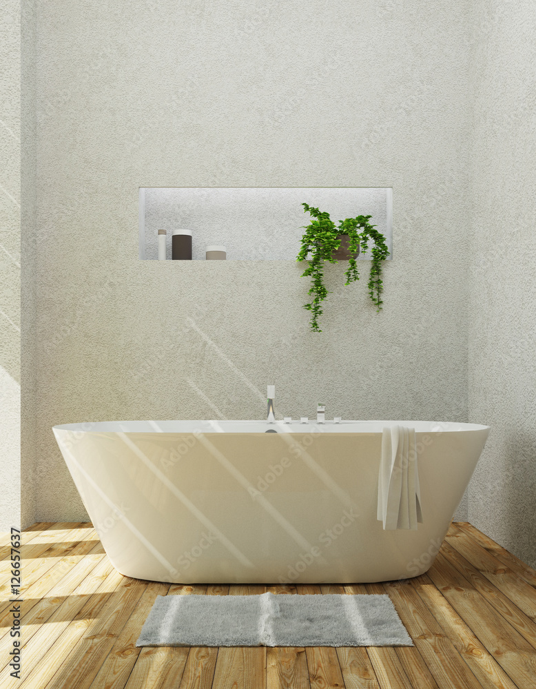 Vasca da bagno ceramica bianca di lusso con tapeto渲染3d