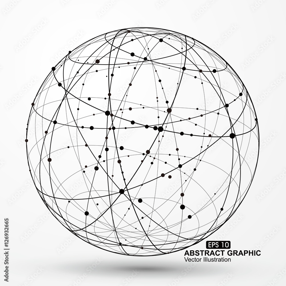 点和曲线构建了球体线框，技术感抽象插图。