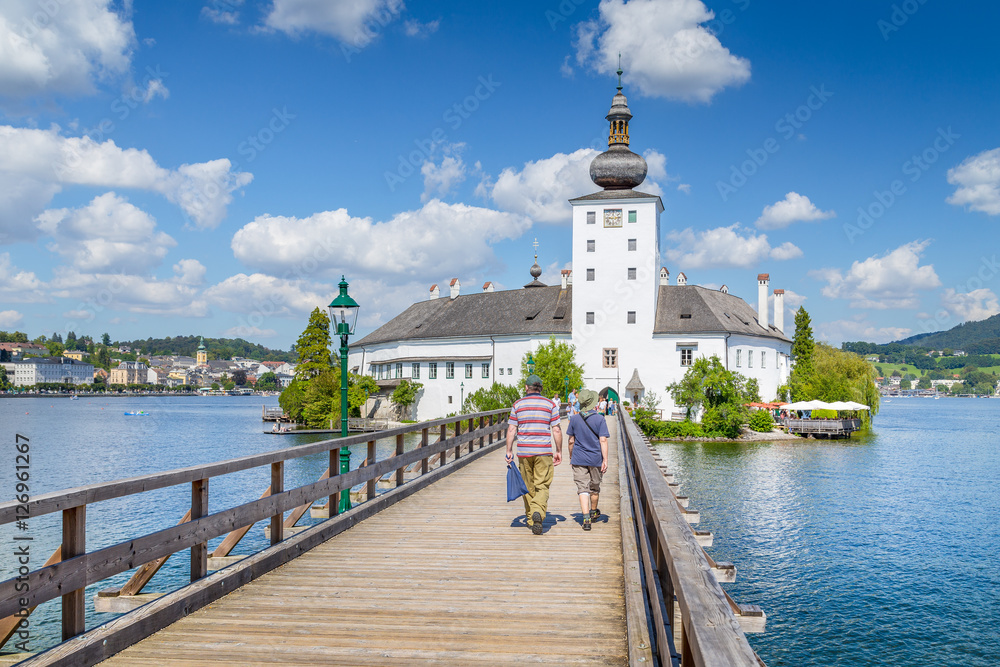 Schloss Ort with Lake Traunsee in Gmunden, Salzkammergut region, Austria