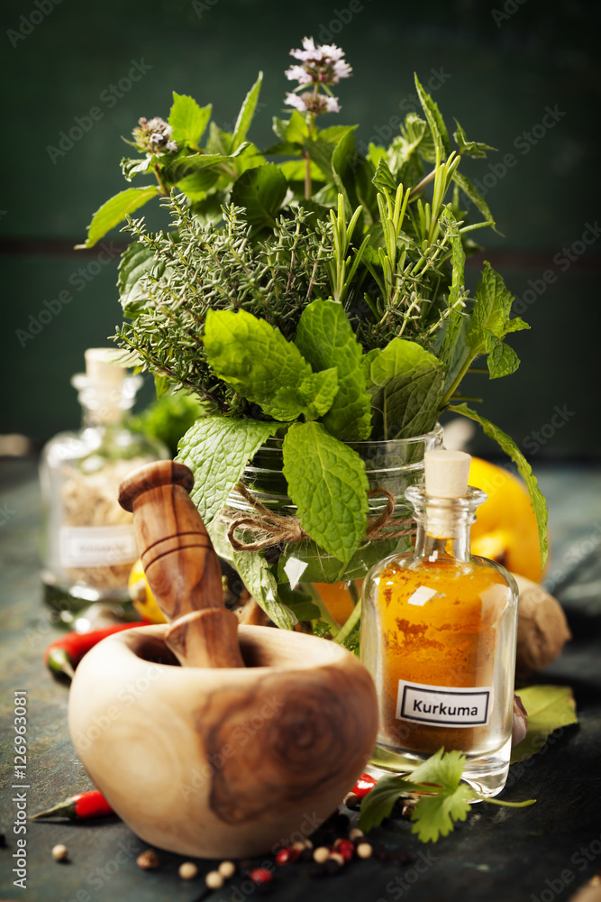 Herbs and spices with Mortar and Pestle