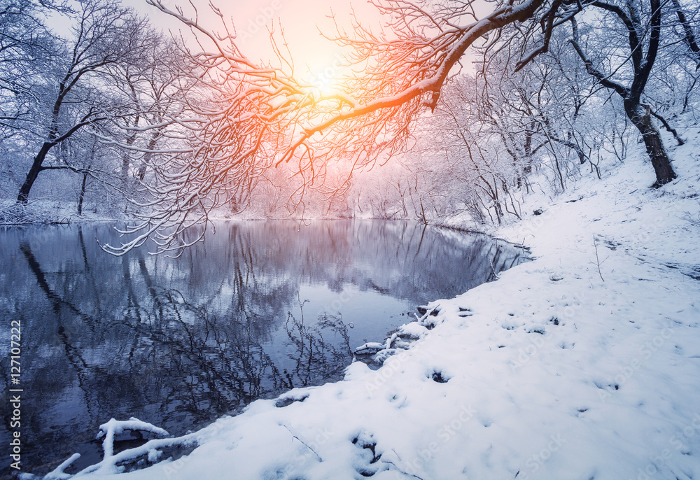 Winter forest on the river at sunset. Colorful landscape with snowy trees, frozen river with reflect