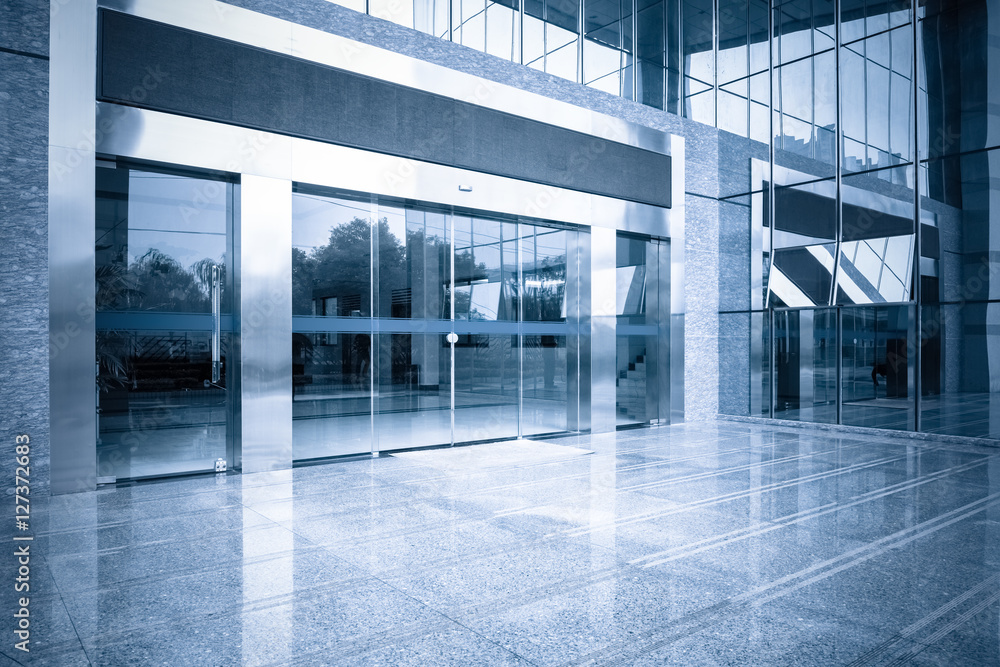 office building entrance and automatic glass door