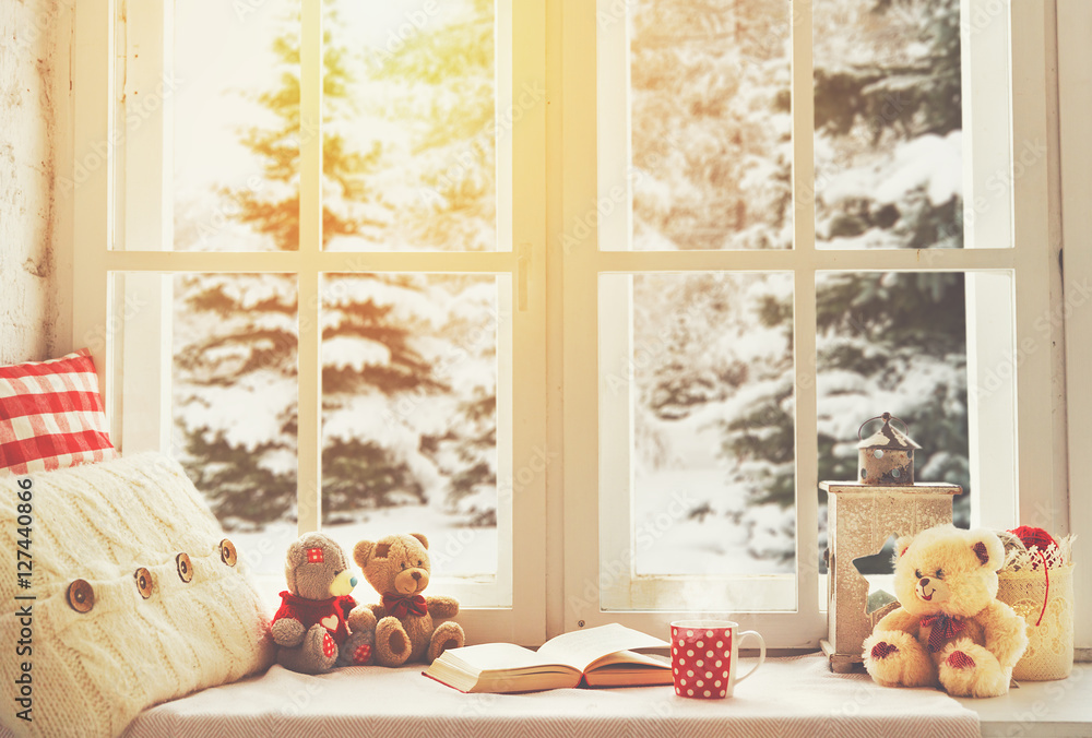 圣诞冬窗，一本书，一杯热茶